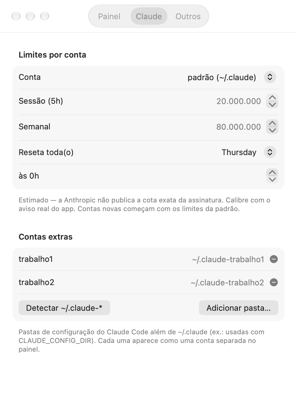 Limites por conta Claude e contas extras